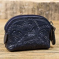 Leather coin purse, 'Beautiful Tradition in Navy'