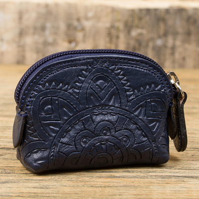 Leather coin purse, 'Beautiful Tradition in Navy' - Floral Pattern Leather Coin Purse in Navy from Mexico