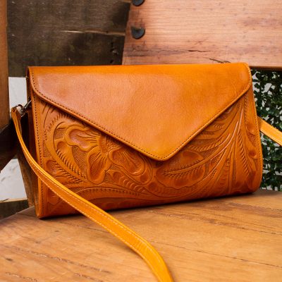 Lederhandtasche - Lederhandtasche mit Blumenmuster in Ingwer aus Mexiko