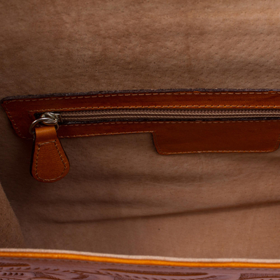 Leather handbag, 'Historic Floral in Ginger' - Floral Pattern Leather Handbag in Ginger from Mexico