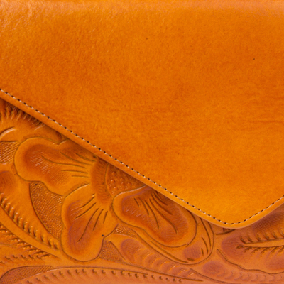 Leather handbag, 'Historic Floral in Ginger' - Floral Pattern Leather Handbag in Ginger from Mexico