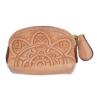 Floral Pattern Leather Coin Purse in Buff from Mexico