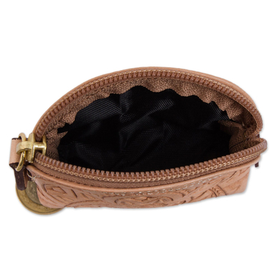 Leather coin purse, 'Beautiful Tradition in Buff' - Floral Pattern Leather Coin Purse in Buff from Mexico