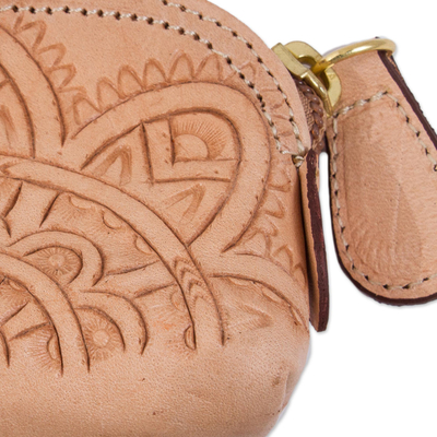 Leather coin purse, 'Beautiful Tradition in Buff' - Floral Pattern Leather Coin Purse in Buff from Mexico