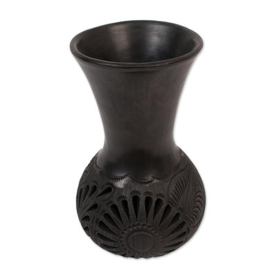 Ceramic decorative vase, 'Barro Negro Rays' - Floral Barro Negro Ceramic Decorative Vase