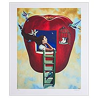 Print, 'The Third Voyage' - Signed Surrealist Print of a Girl in an Apple from Mexico
