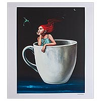 Druck, „Kaffee mit Zimt“ – signierter surrealistischer Druck eines Mädchens in einer Kaffeetasse
