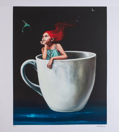 Grabado - Grabado surrealista firmado de una niña en una taza de café