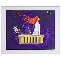 Print, 'Bird of Fire' - Signed Surrealist Print of a Girl in a Tin Can from Mexico
