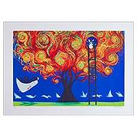 Print, 'Tree of Fire' - Signed Surrealist Print of a Fiery Tree from Mexico