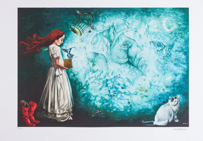 Print, 'Box of Memories' - Surrealist Print of a Girl with a Bird and Cat from Mexico