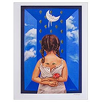Estampa, 'Pensamiento azul I' - Chica con una manzana Estampa surrealista de México