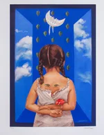 Print, 'Blue Thought I' - Girl with an Apple Surrealist Print from Mexico