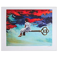 Giclee print, 'Nocturnal Passage' - Signed Surrealist Print of a Girl on a Key from Mexico