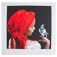Impresión, 'The Chat' - Impresión de edición limitada de una niña con un pájaro