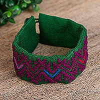 Cotton wristband bracelet, 'Details of Autumn' - Aubergine Geometric Cotton Wristband Bracelet from Mexico