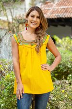Cotton blouse, 'Marigold Summer' - Handwoven Saffron Cotton Sleeveless Blouse from Mexico