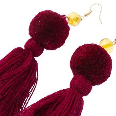 Amber tasseled dangle earrings, 'Lovely Tassels in Maroon' - Amber and Cotton Dangle Earrings in Maroon from Mexico