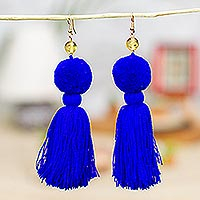 Amber tasseled dangle earrings, 'Lovely Tassels in Cobalt' - Amber Tasseled Dangle Earrings in Cobalt from Mexico