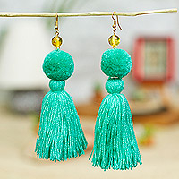 Amber tasseled dangle earrings, 'Lovely Tassels in Turquoise' - Amber and Cotton Dangle Earrings in Turquoise from Mexico