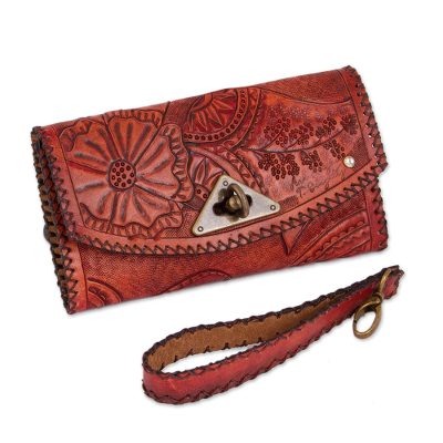 Floral Leather Handbag in Russet from Mexico