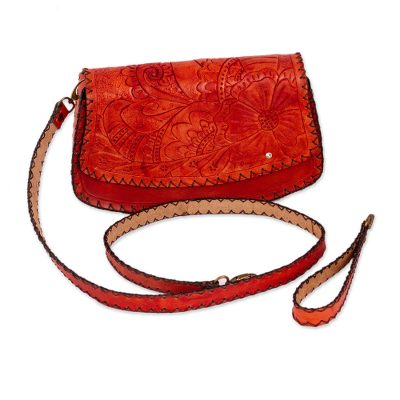 Light Red Floral Leather Handbag from Mexico
