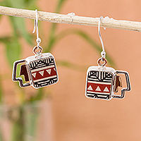 Silver and ceramic dangle earrings, 'Paquime Forms' - Geometric Cultural Silver and Ceramic Dangle Earrings