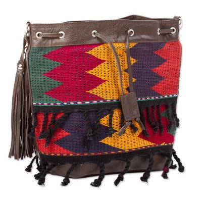 Cotton-accented leather handbag, 'Vibrant Morning in Espresso' - Cotton Accent Espresso Brown Leather Handbag from Mexico