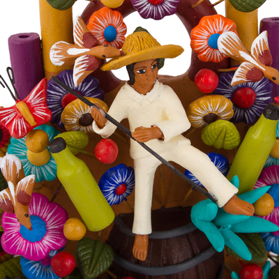 Escultura de cerámica, 'Agave y Tequila' - Escultura de cerámica floral pintada a mano de México
