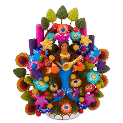 Escultura de cerámica - Escultura de cerámica pintada a mano con temática de sirena de México