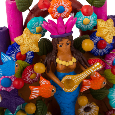 Escultura de cerámica - Escultura de cerámica pintada a mano con temática de sirena de México