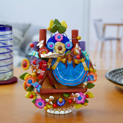 Escultura de cerámica - Escultura de cerámica pintada a mano con temática de mariachi de México