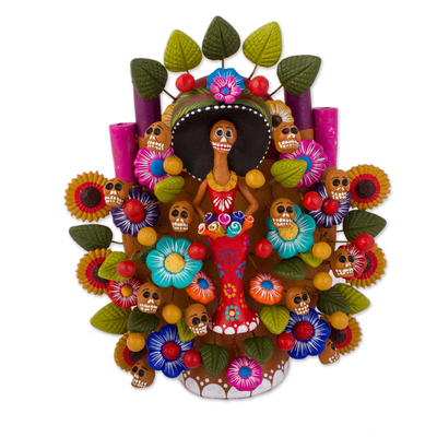 Ceramic sculpture, 'Catrina Tree of Life' - Hand-Painted Catrina-Themed Ceramic Sculpture from Mexico