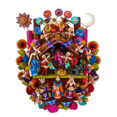 Ceramic nativity sculpture, 'Tree of Life Nativity' - Hand-Painted Nativity Scene Ceramic Sculpture from Mexico