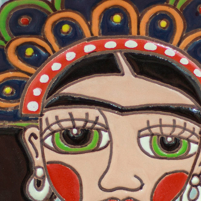 Ceramic wall art, 'Plumed Frida' - Ceramic Wall Art of Frida with a Headdress from Mexico