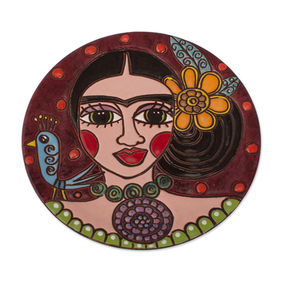 Ceramic wall art, 'Burgundy Frida' - Handmade Ceramic Frida Wall Art from Mexico