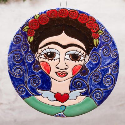 Ceramic wall art, 'Frida and Her Flowers' - Floral Frida-Themed Ceramic Wall Art from Mexico