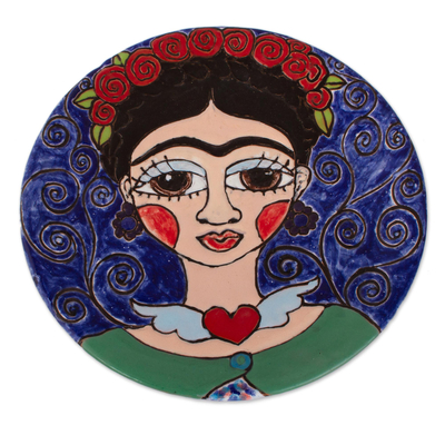 Ceramic wall art, 'Frida and Her Flowers' - Floral Frida-Themed Ceramic Wall Art from Mexico