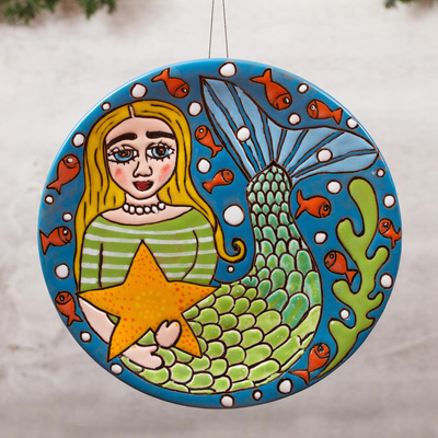 Ceramic wall art, 'Mermaid and Starfish' - Handmade Ceramic Mermaid Wall Art from Mexico