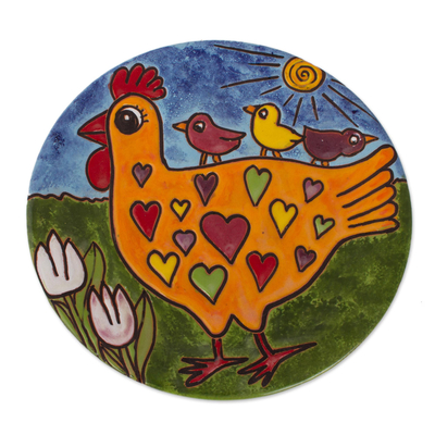 Ceramic wall art, 'Chicken of Hearts' - Heart Motif Ceramic Wall Art of a Chicken from Mexico