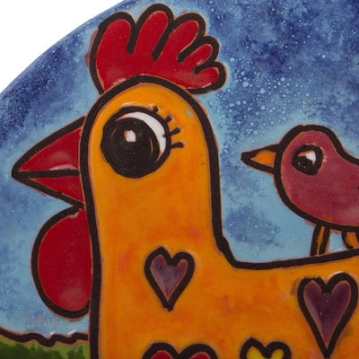 Ceramic wall art, 'Chicken of Hearts' - Heart Motif Ceramic Wall Art of a Chicken from Mexico