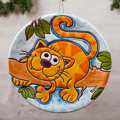Ceramic wall art, 'Adventurous Cat' - Handmade Whimsical Ceramic Wall Art of a Cat from Mexico