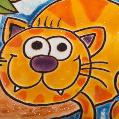 Ceramic wall art, 'Adventurous Cat' - Handmade Whimsical Ceramic Wall Art of a Cat from Mexico