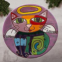 Arte de pared de cerámica, 'Gatito angelical' - Arte de pared de gato ángel de cerámica hecho a mano de México
