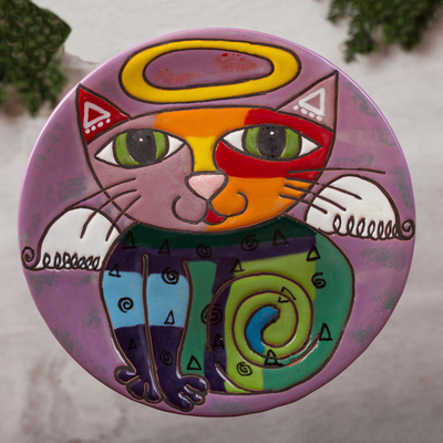 Ceramic wall art, 'Angelic Kitty' - Handcrafted Ceramic Angel Cat Wall Art from Mexico