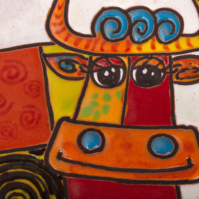 Ceramic wall art, 'Whimsical Cow' - Whimsical Cow-Themed Ceramic Wall Art from Mexico