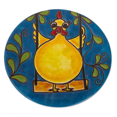 Ceramic wall art, 'Swinging Chicken' - Whimsical Chicken-Themed Ceramic Wall Art from Mexico