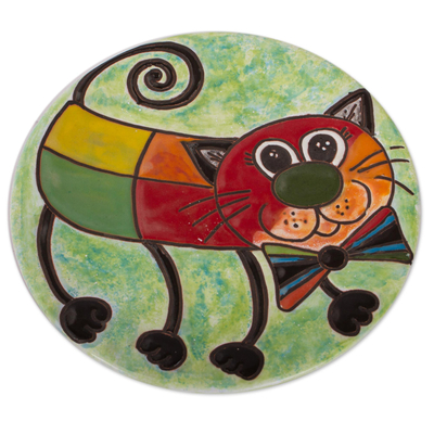 Ceramic wall art, 'Bow Tie Cat' - Whimsical Cat-Themed Ceramic Wall Art from Mexico