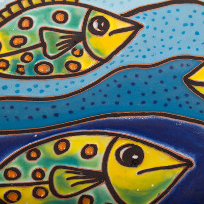 Ceramic wall art, 'Fish Under the Sun' - Fish-Themed Ceramic Wall Art Crafted in Mexico