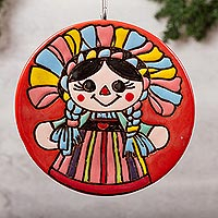 Arte de pared de cerámica, 'Lovely Maria Doll' - Arte de pared de cerámica con temática de muñeca María elaborado en México